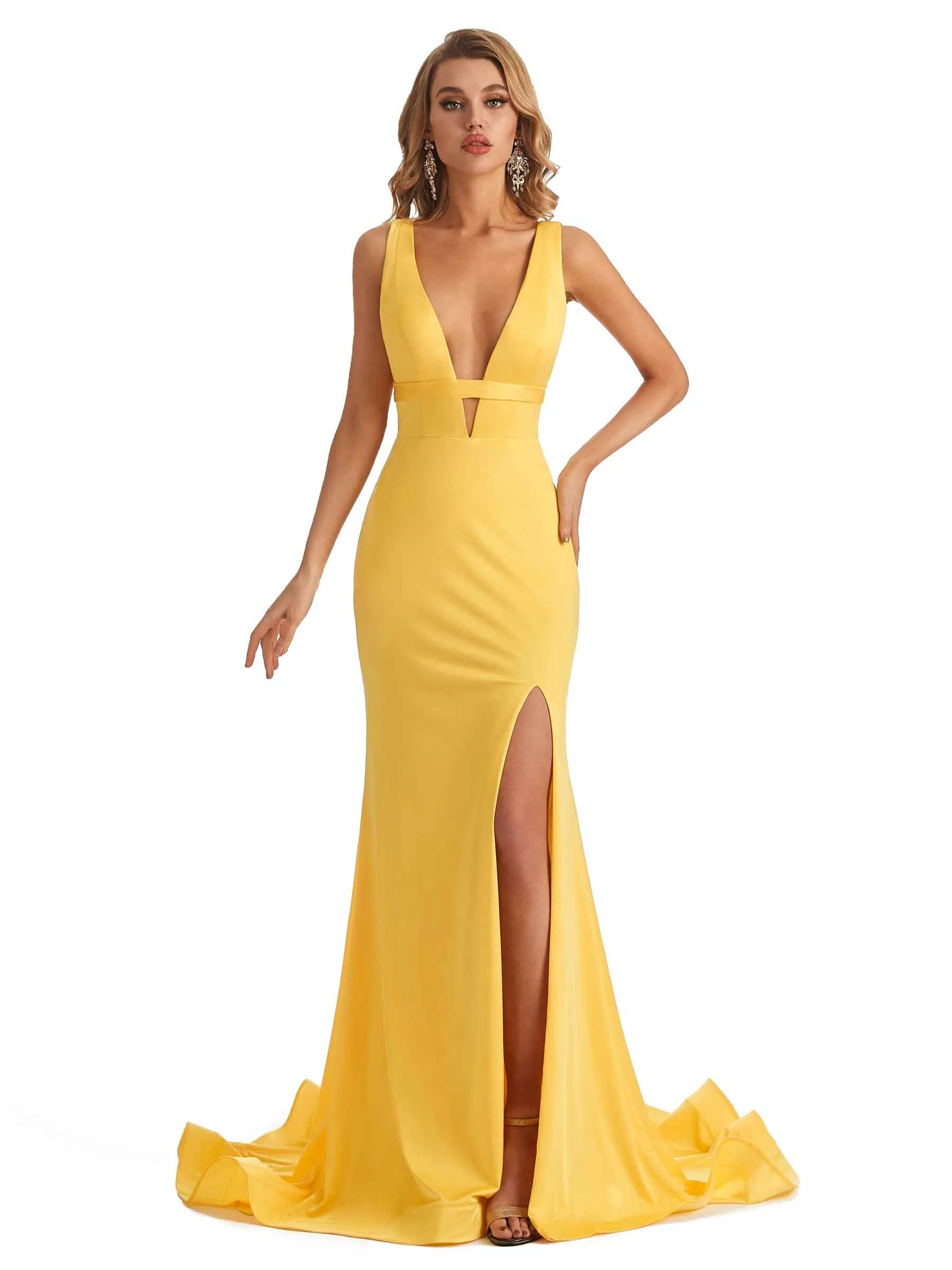 Sexy Mermaid Deep V-neck Side Slit Stretchy Jersey Long Formal Bridesmaid Dresses in stock sold by ChicSew