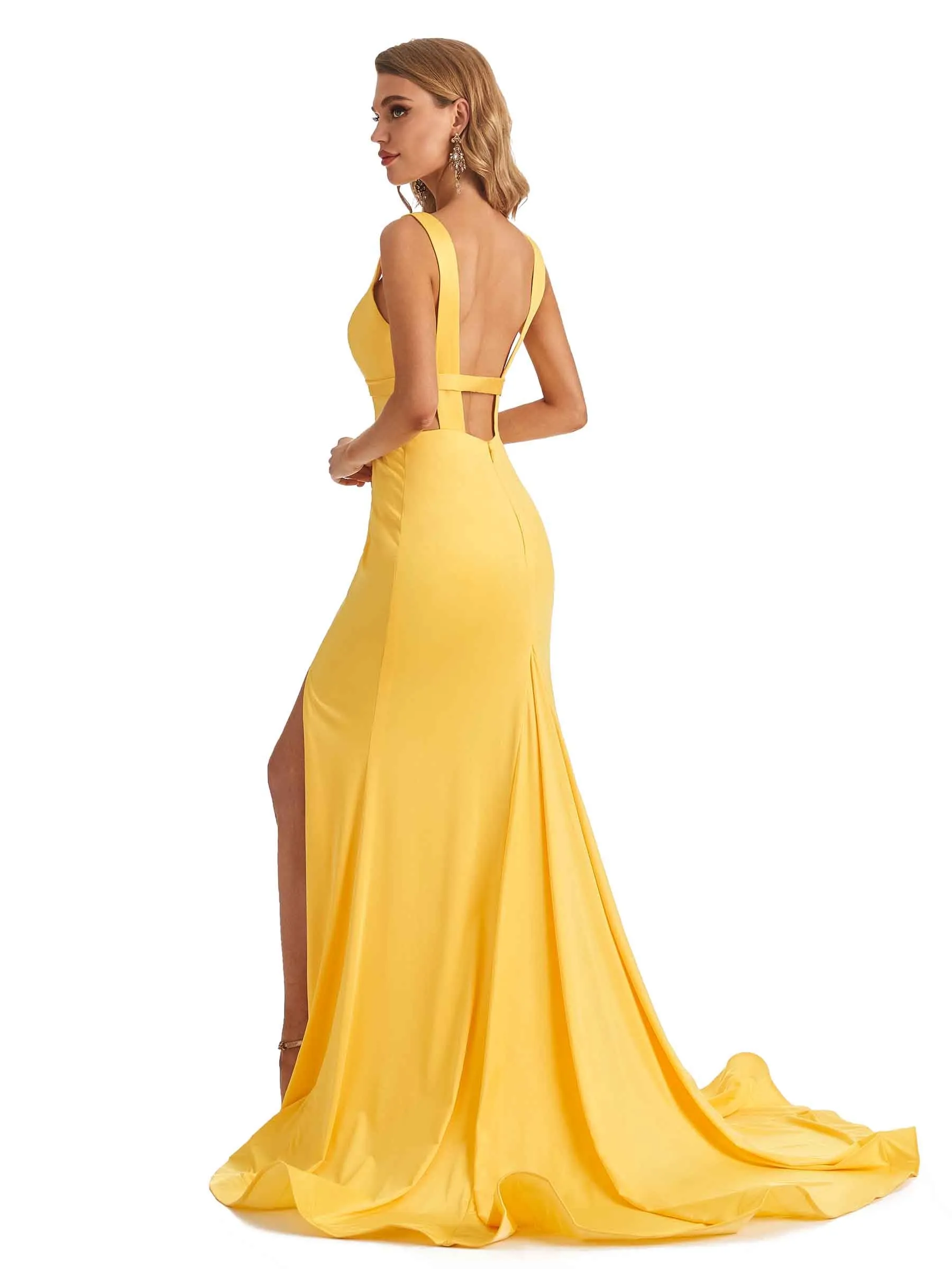 Sexy Mermaid Deep V-neck Side Slit Stretchy Jersey Long Formal Bridesmaid Dresses in stock sold by ChicSew product image thumbnail 5