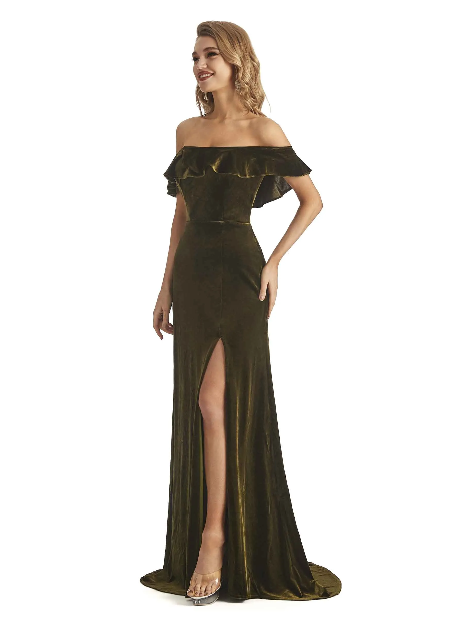 Elegant Sheath Off The Shoulder Velvet Long Wedding Outfits For Women sold by ChicSew product image thumbnail 4
