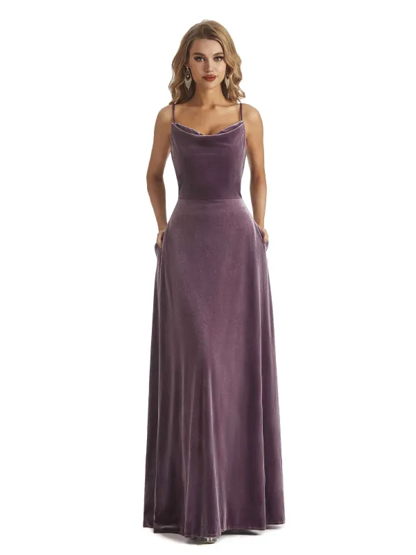 Elegant A-line Spaghetti Straps Velvet Long Bridesmaid Dresses Online sold by ChicSew