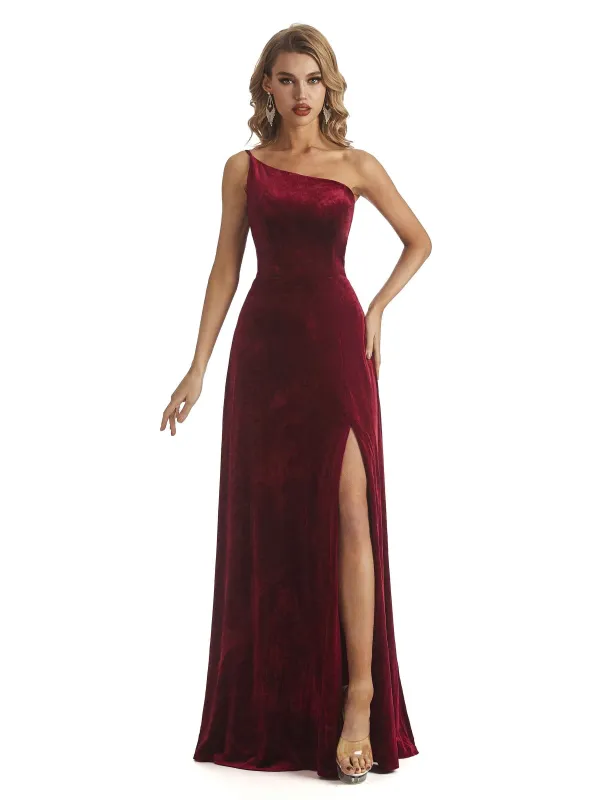 Elegant Mermaid One Shoulder Side Slit Velvet Long Bridesmaid Dresses sold by ChicSew