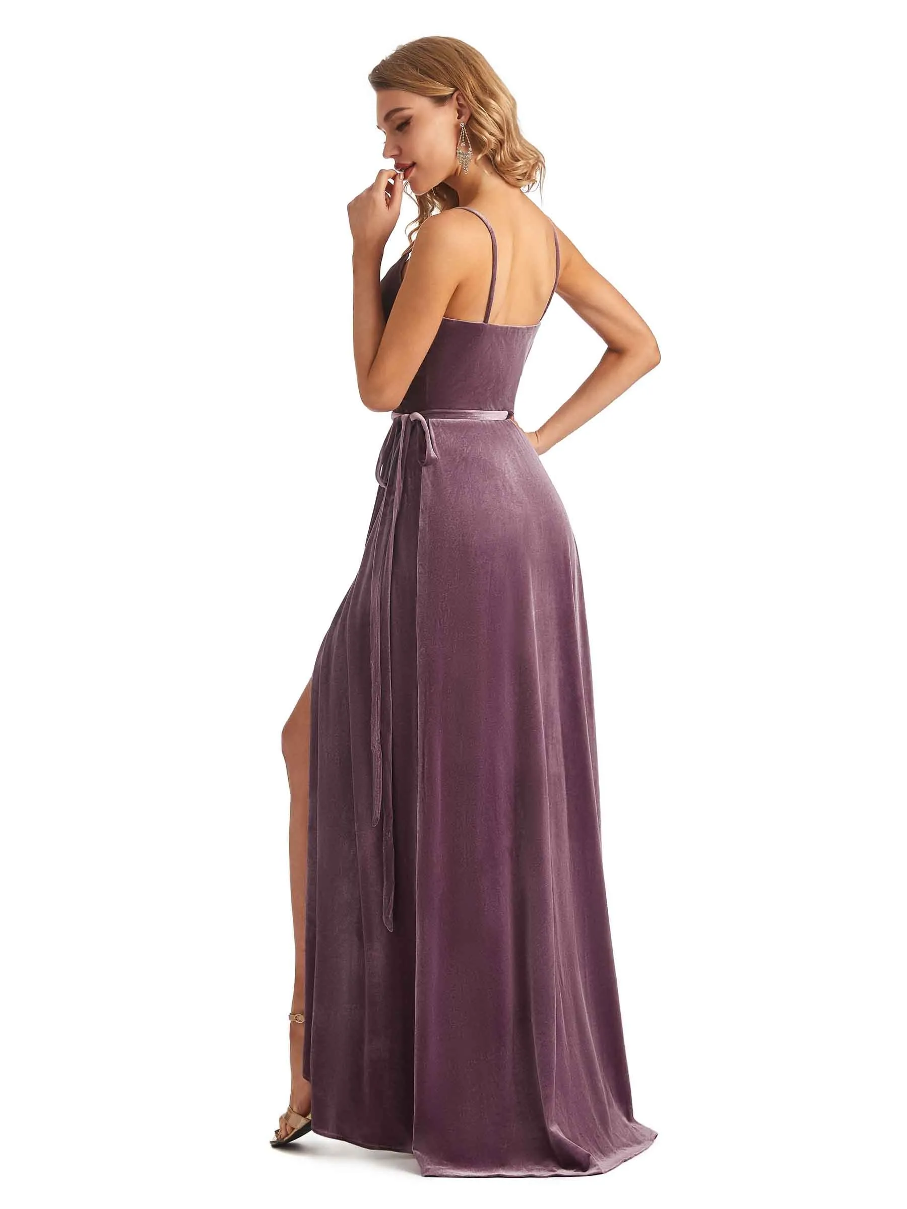 Spaghetti Straps A-line Velvet V-neck High Slit Maxi Long Bridesmaid Dresses Online sold by ChicSew product image thumbnail 5