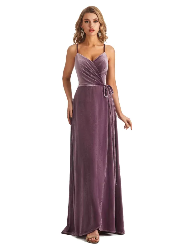 Spaghetti Straps A-line Velvet V-neck High Slit Maxi Long Bridesmaid Dresses Online sold by ChicSew