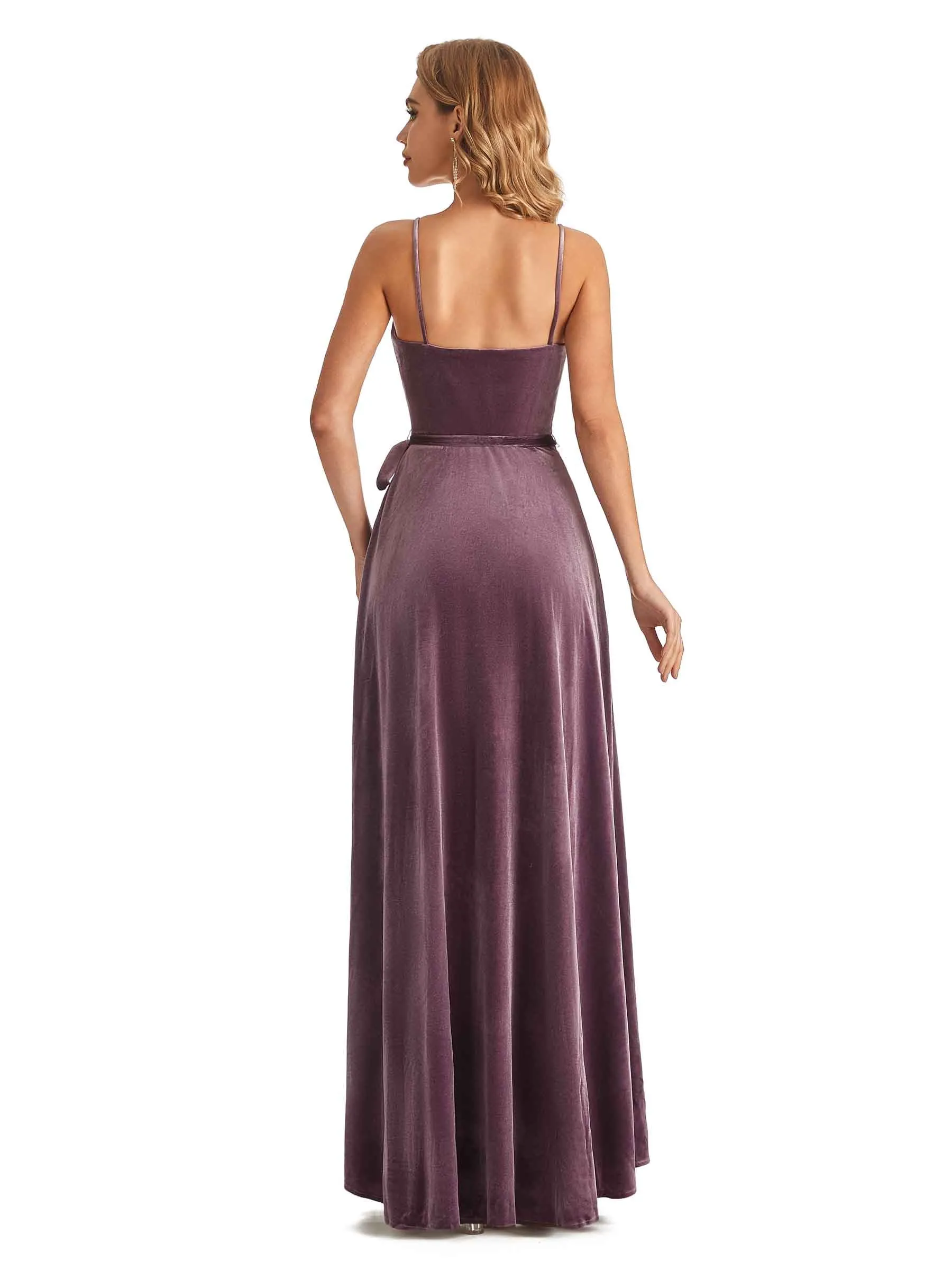 Spaghetti Straps A-line Velvet V-neck High Slit Maxi Long Bridesmaid Dresses Online sold by ChicSew product image thumbnail 3