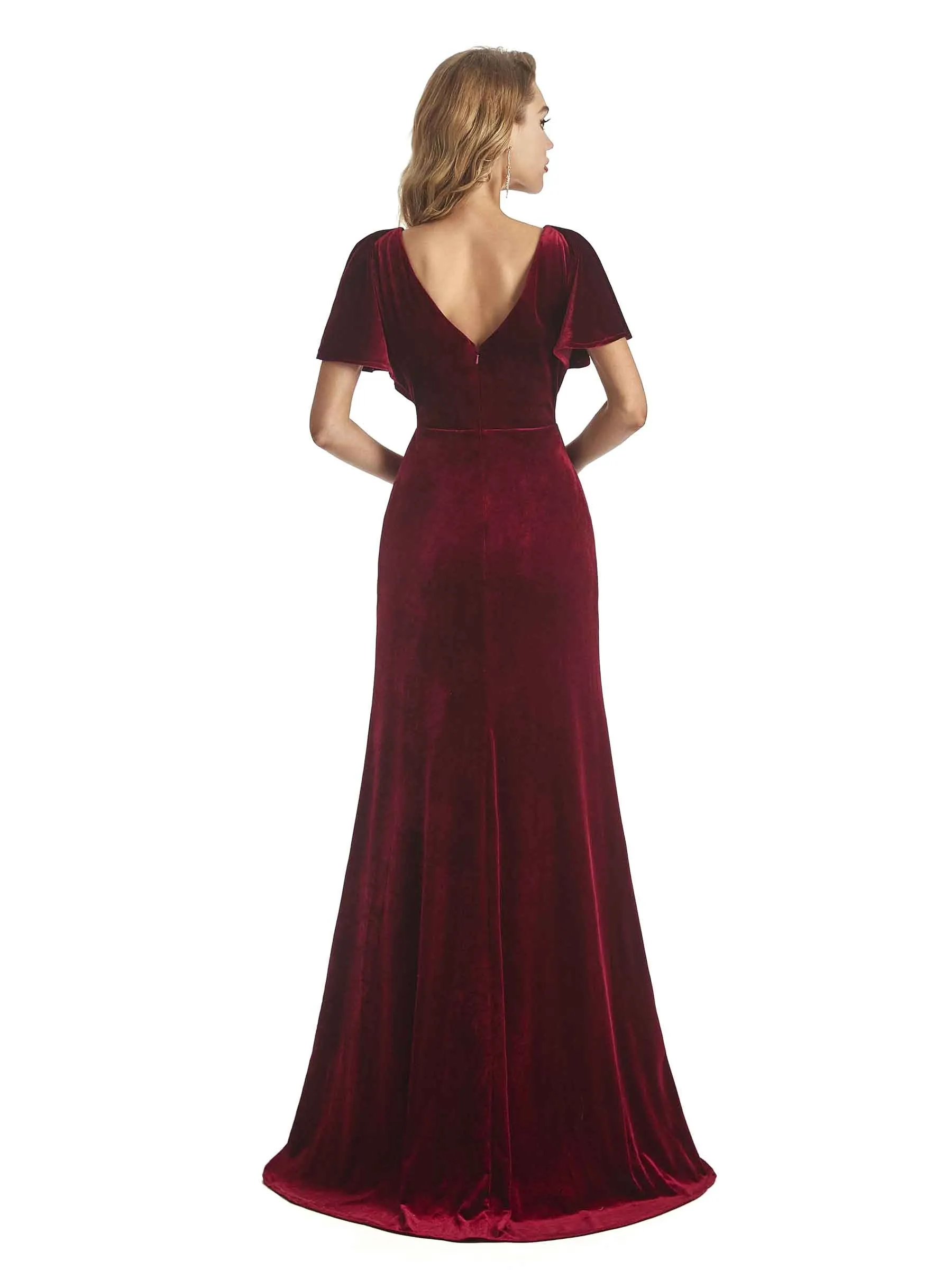 Elegant Sheath Velvet Short Sleeves V-neck Long Bridesmaid Dresses Online sold by ChicSew product image thumbnail 5