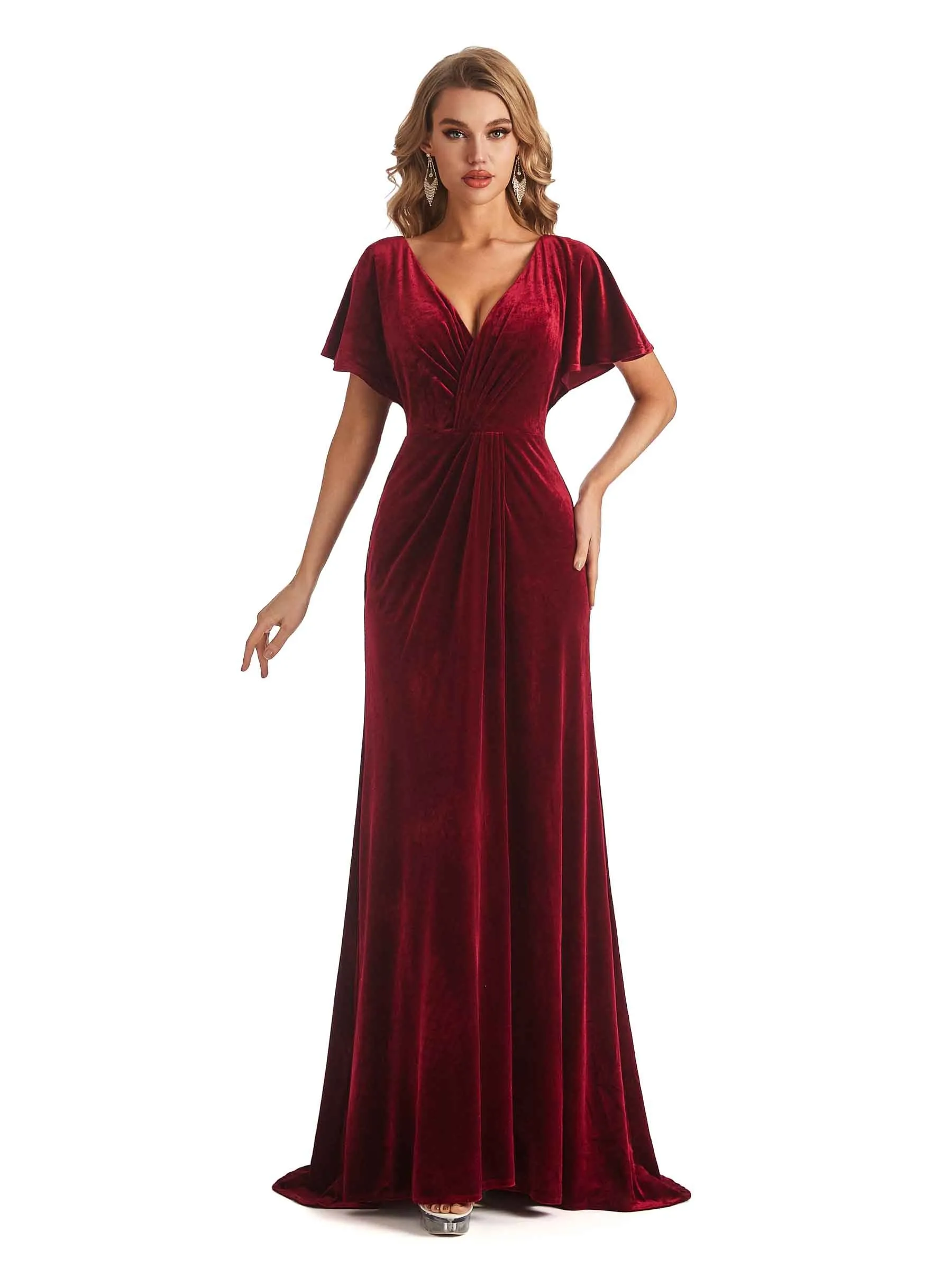 Elegant Sheath Velvet Short Sleeves V-neck Long Bridesmaid Dresses Online sold by ChicSew