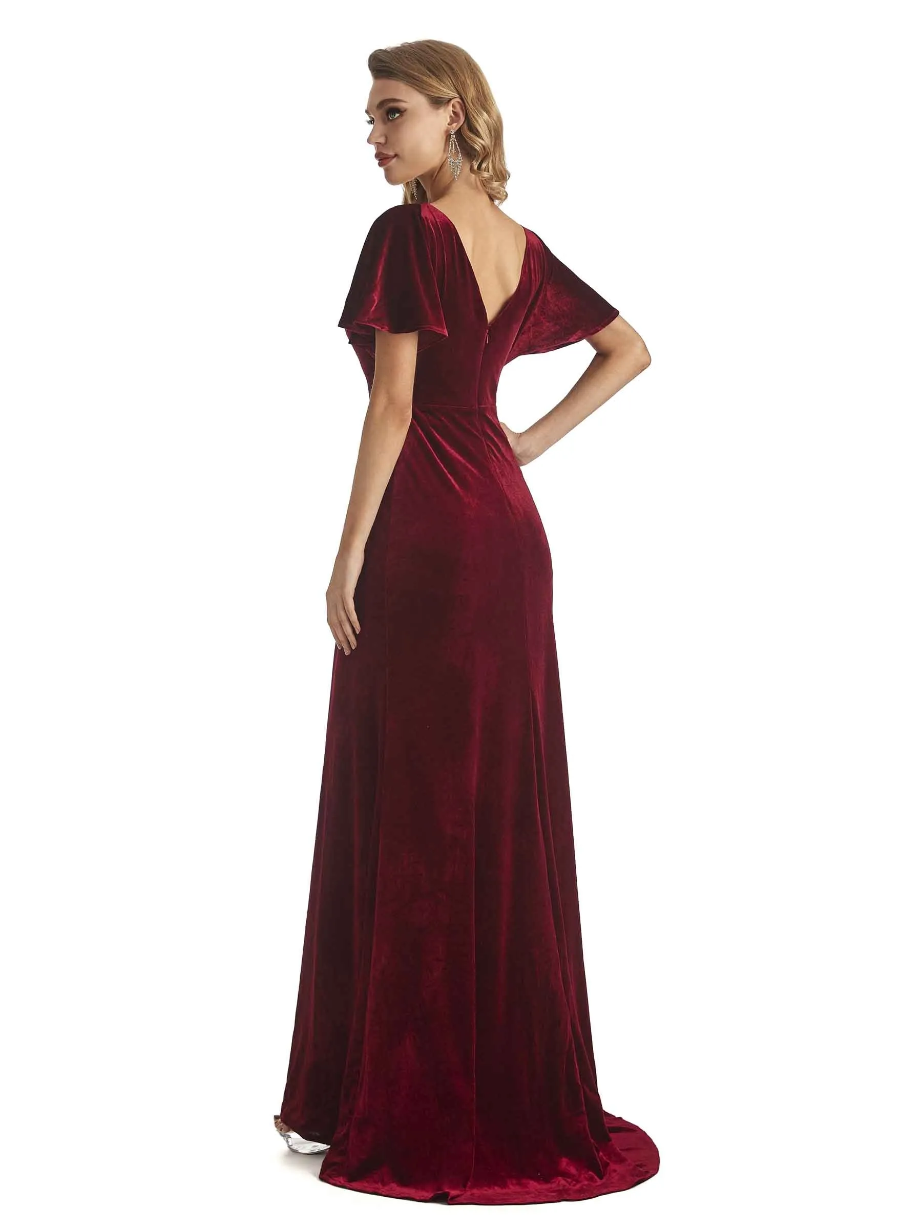 Elegant Sheath Velvet Short Sleeves V-neck Long Bridesmaid Dresses Online sold by ChicSew product image thumbnail 3