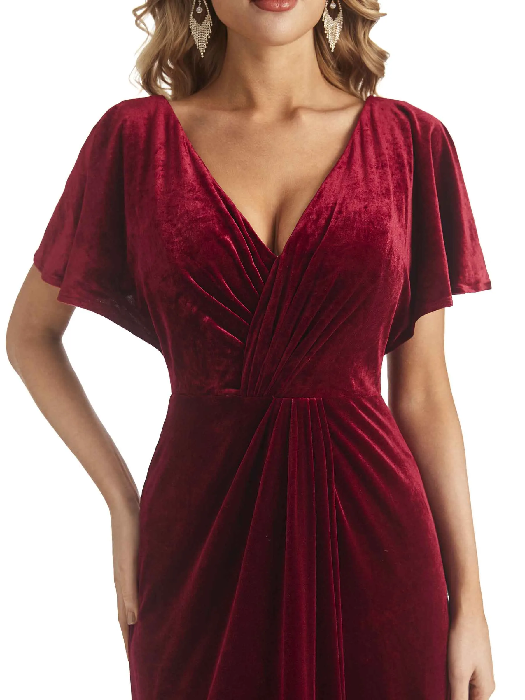 Elegant Sheath Velvet Short Sleeves V-neck Long Bridesmaid Dresses Online sold by ChicSew product image thumbnail 2