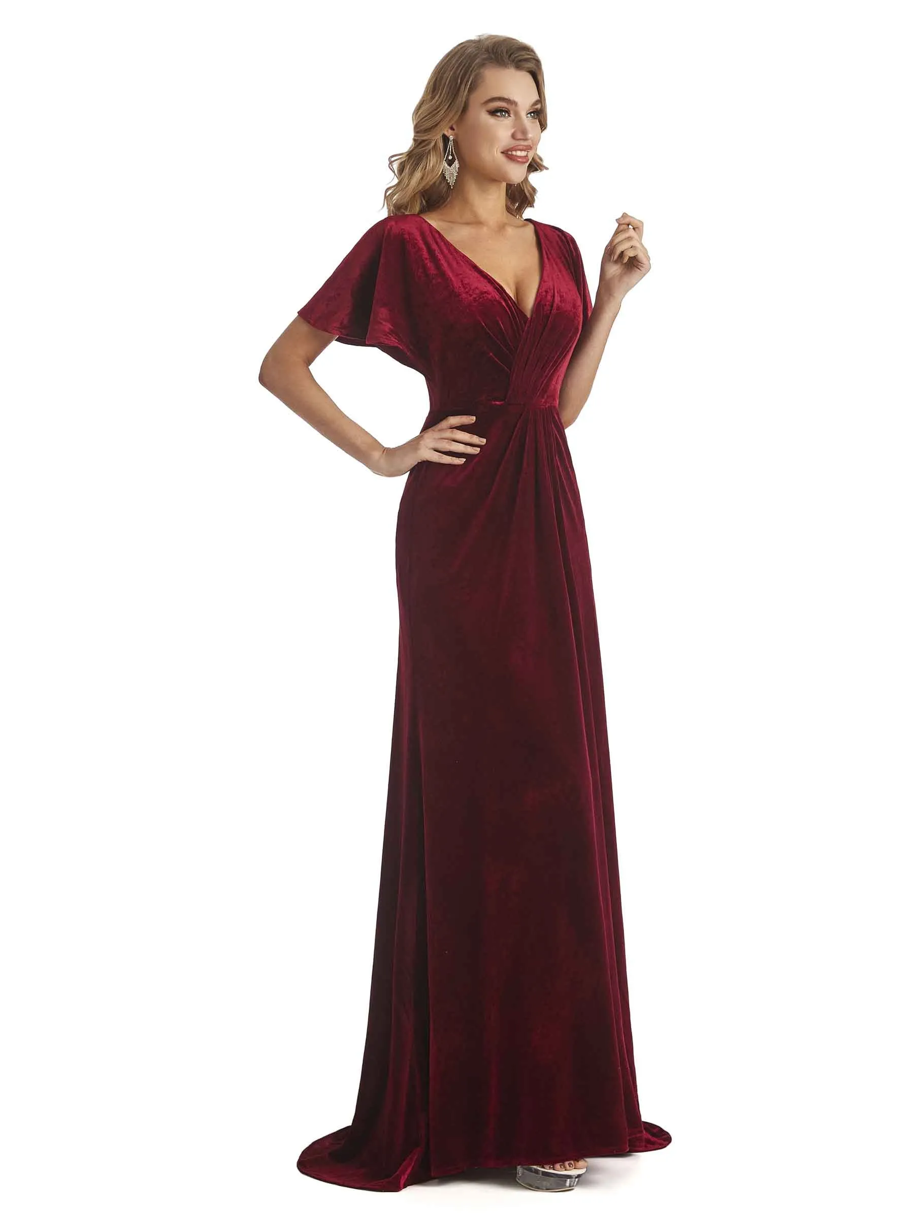 Elegant Sheath Velvet Short Sleeves V-neck Long Bridesmaid Dresses Online sold by ChicSew product image thumbnail 4