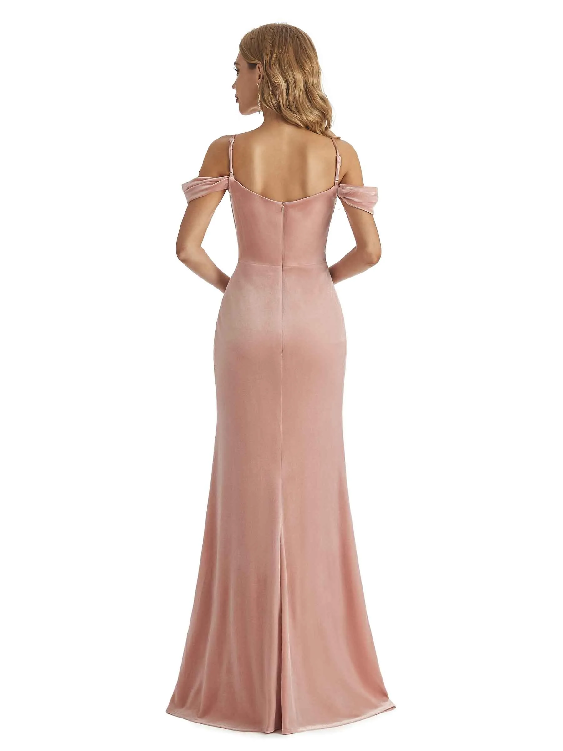 Elegant Mermaid Cold Shoulder Spaghetti Straps Velvet Long Bridesmaid Dresses sold by ChicSew product image thumbnail 3