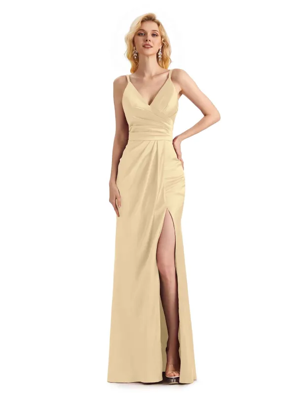 Sexy Silky Spaghetti Straps Side Slit Satin Long Formal Prom Dresses Online sold by ChicSew