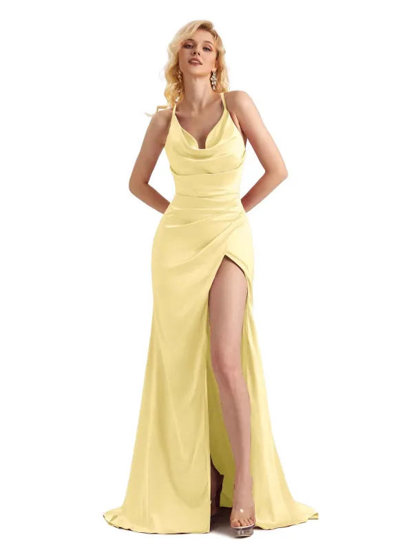 Sexy Cowl Neck Soft Satin Side Slit Criss Cross Long Mermaid Party Prom Dresses sold by ChicSew