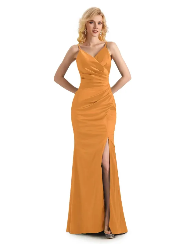 Sexy Soft Satin Side Slit V-neck Long Mermaid Formal Prom Dresses Online made by ChicSew
