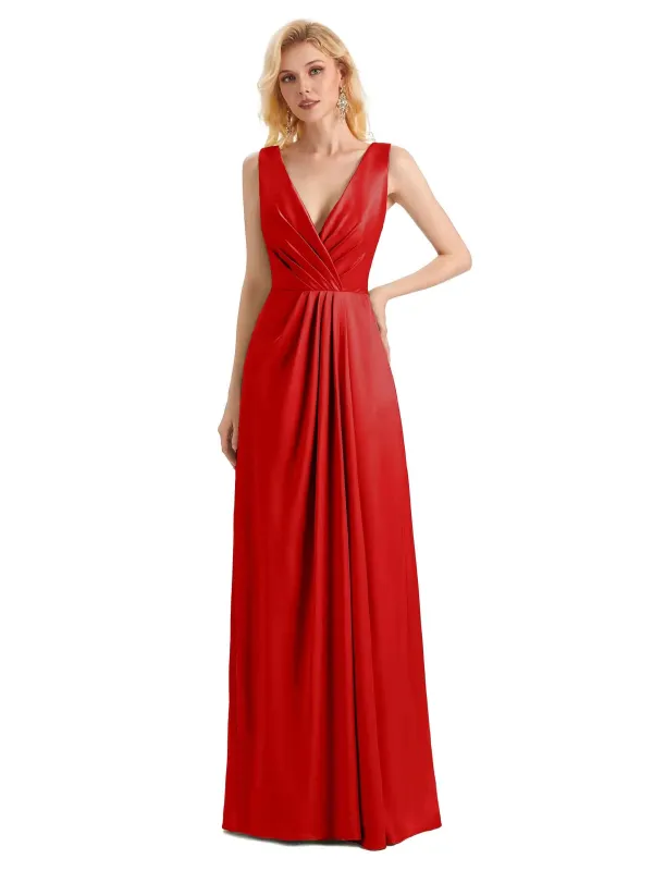 Elegant Soft Satin V neck Wrap Long Satin Prom Dresses 2023 sold by ChicSew