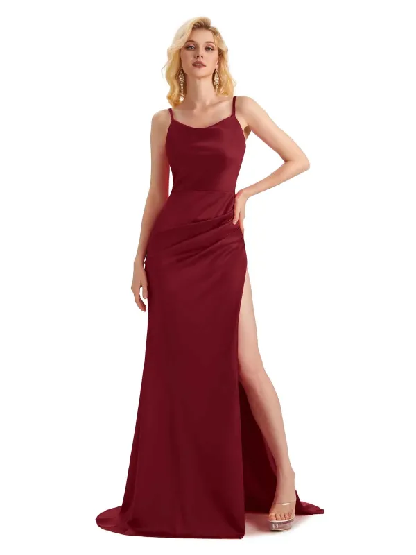 Sexy Soft Satin Side Slit Mermaid Spaghetti Straps Long Party Prom Dresses Online sold by ChicSew