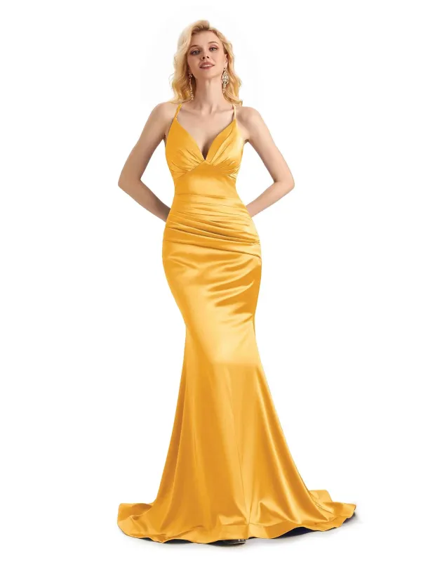 Elegant Mermaid Spaghetti Straps Backless Long Satin Formal Prom Dresses Online sold by ChicSew