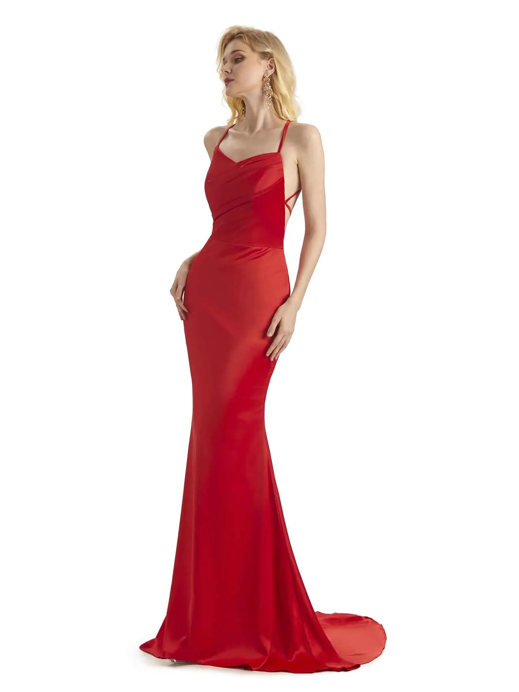 Sexy Criss Cross Mermaid Spaghetti Straps V-Neck Long Satin Fomral Prom Dresses Online sold by ChicSew product image thumbnail 4