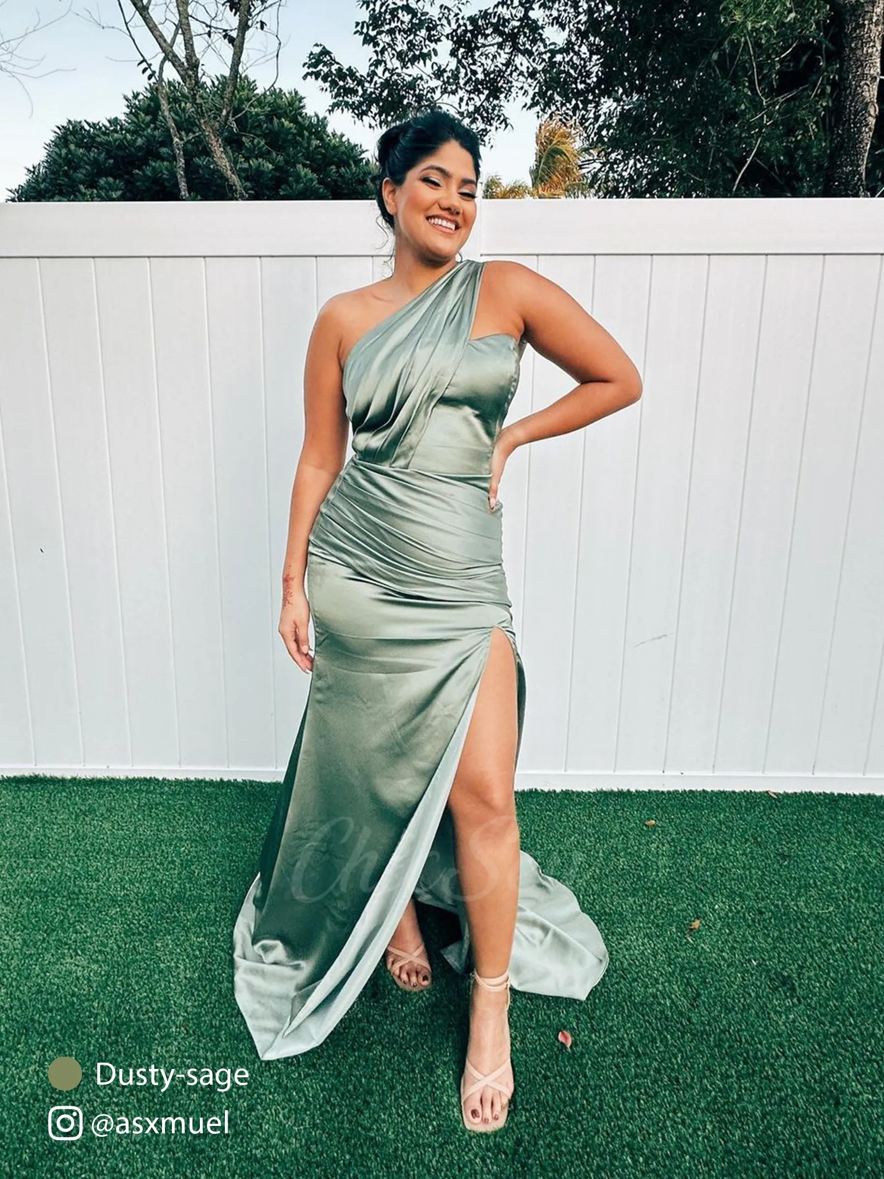 Sexy Soft Satin Side One Shoulder Maxi Long Mermaid Formal Prom Dresses Sale With Slit sold by ChicSew product image thumbnail 2