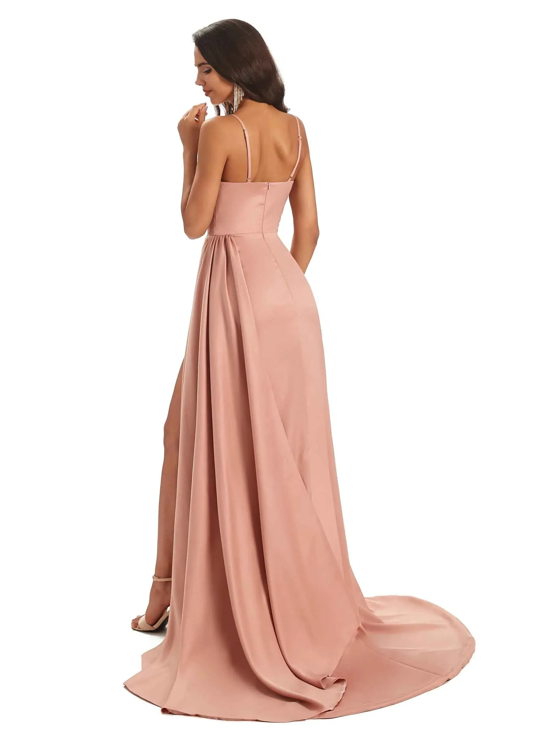 Sexy Soft Satin Side Slit Spaghetti Straps Long A-line Formal Prom Dresses Sale Online sold by ChicSew product image thumbnail 3