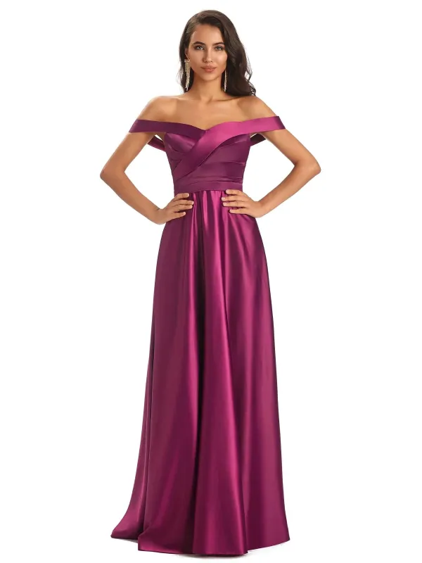 Sexy Soft Satin Off Shoulder A-Line Long Maxi Formal Prom Dresses Sale Online sold by ChicSew