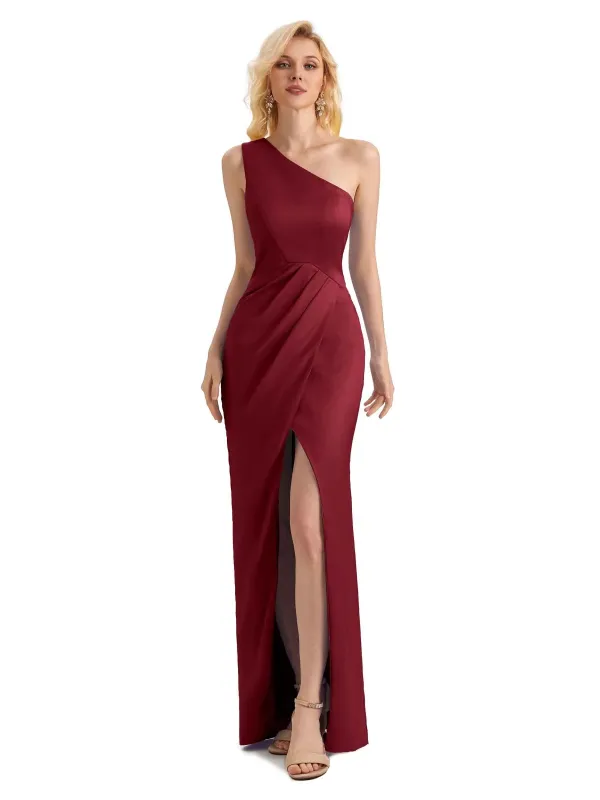 Sexy Soft Satin Slit One Shoulder Long Mermaid Formal Prom Dresses Online sold by ChicSew