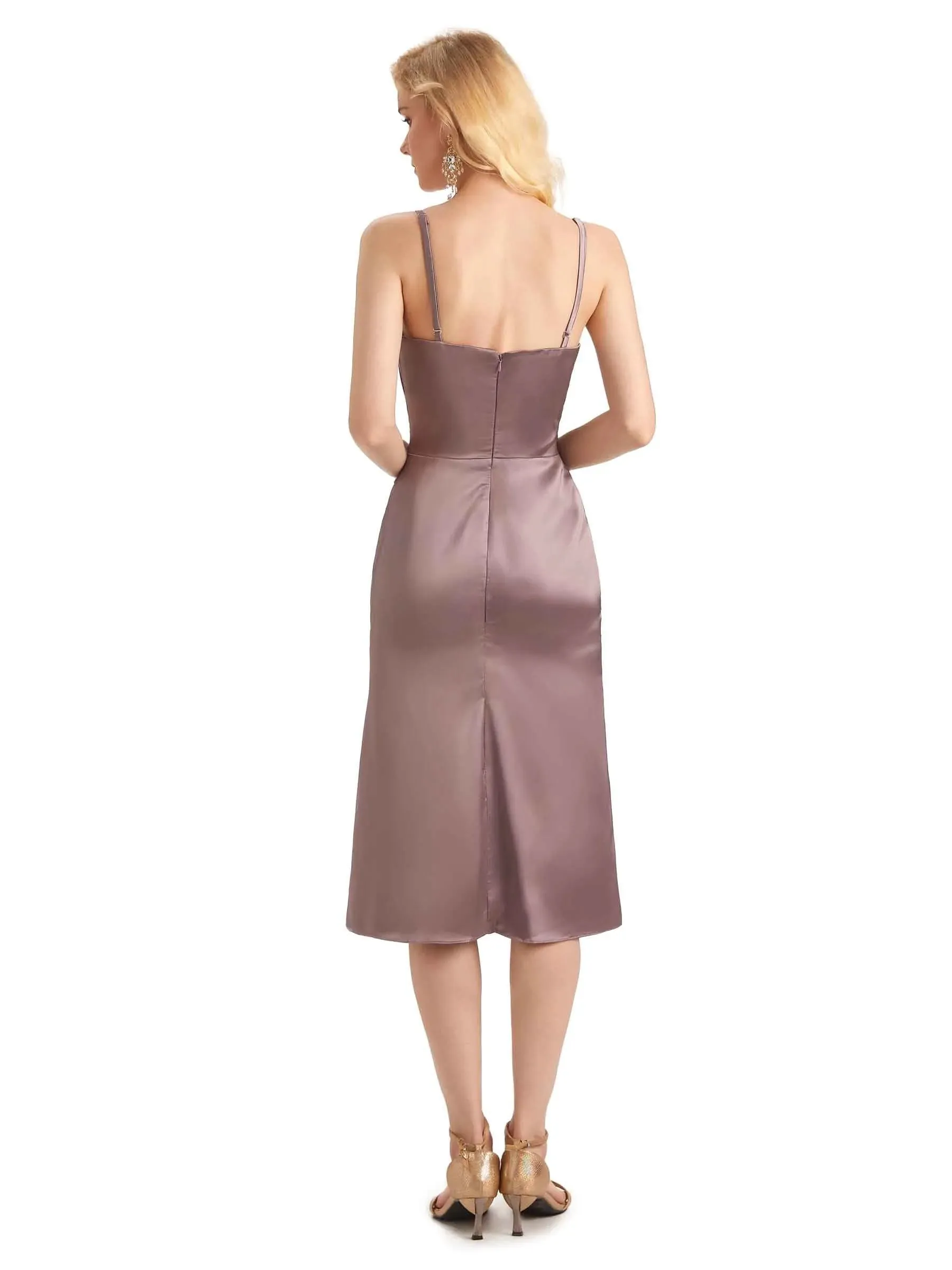 Sexy Side Slit Spaghetti Short Midi Satin Formal Prom Dresses Online sold by ChicSew product image thumbnail 3