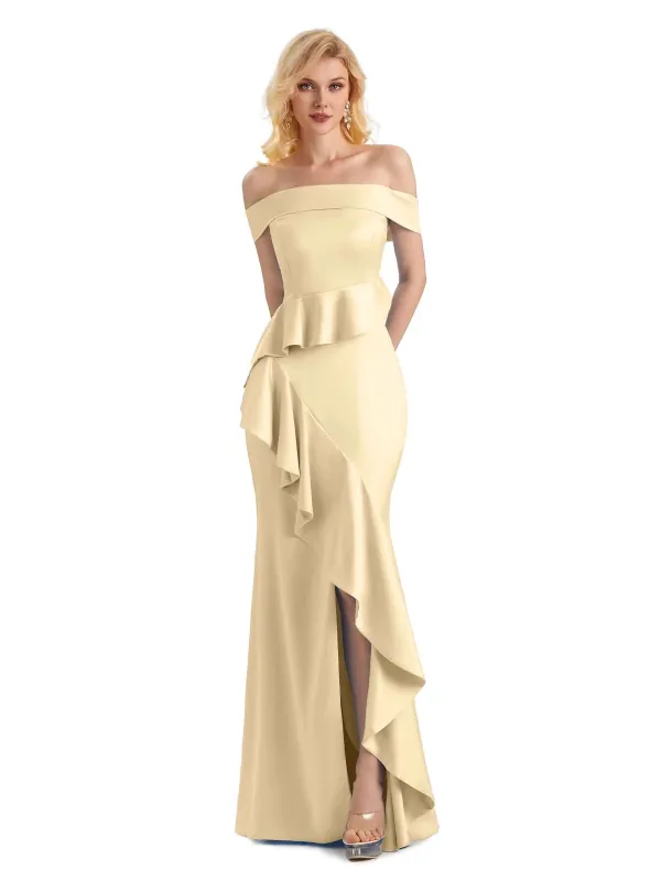 Sexy Mermaid Off The Shoulder Soft Satin Side Slit Long Formal Prom Dresses With Ruffle sold by ChicSew