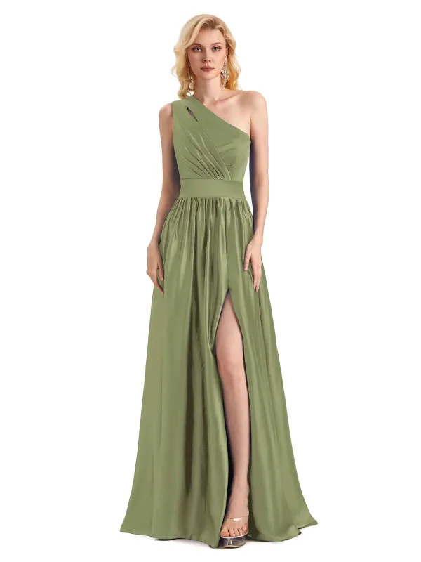 Elegant One Shoulder A-line Side Slit Soft Satin Long Formal Prom Dresses sold by ChicSew