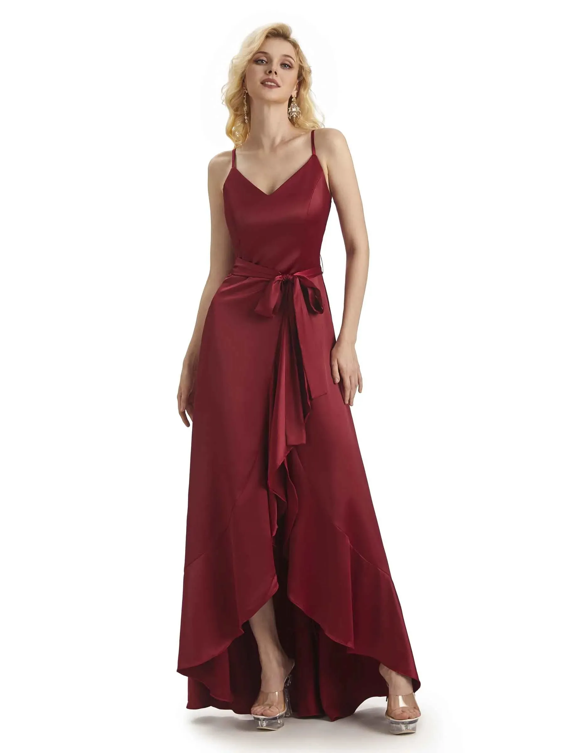 Elegant Spaghetti Straps V-neck Asymmetrical Satin High Low Prom Dresses sold by ChicSew product image thumbnail 5