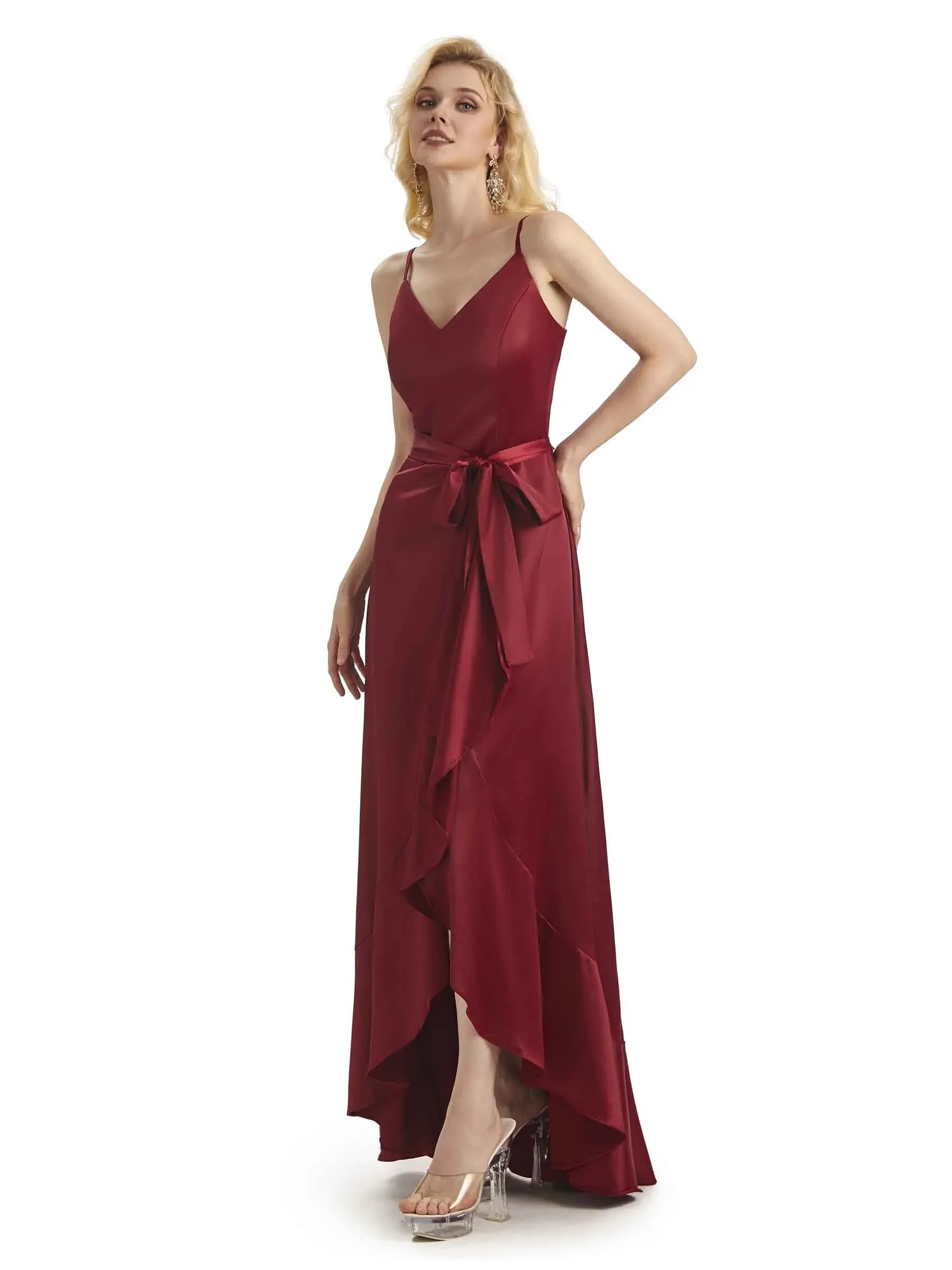 Elegant Spaghetti Straps V-neck Asymmetrical Satin High Low Prom Dresses sold by ChicSew product image thumbnail 3