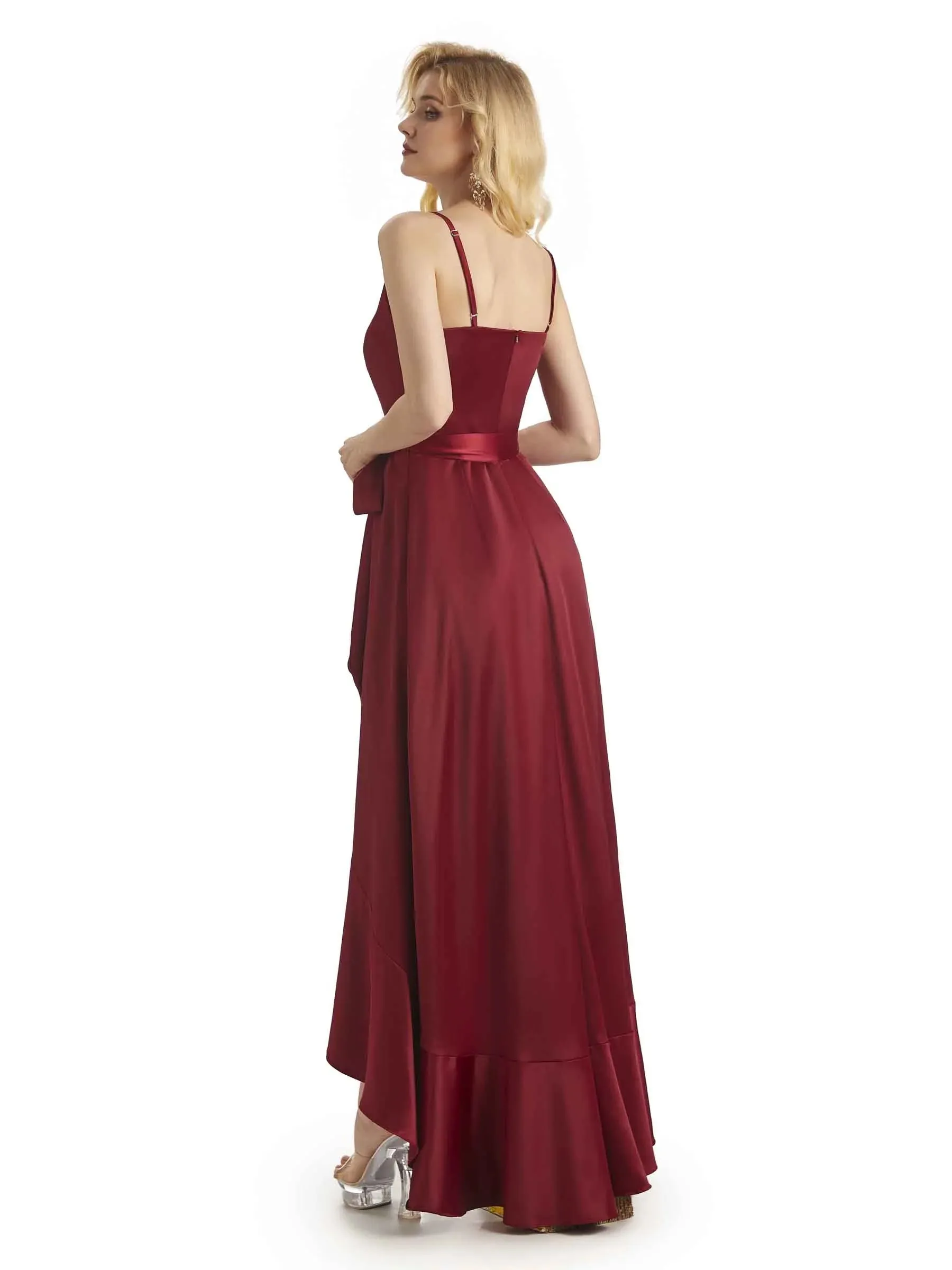 Elegant Spaghetti Straps V-neck Asymmetrical Satin High Low Prom Dresses sold by ChicSew product image thumbnail 4
