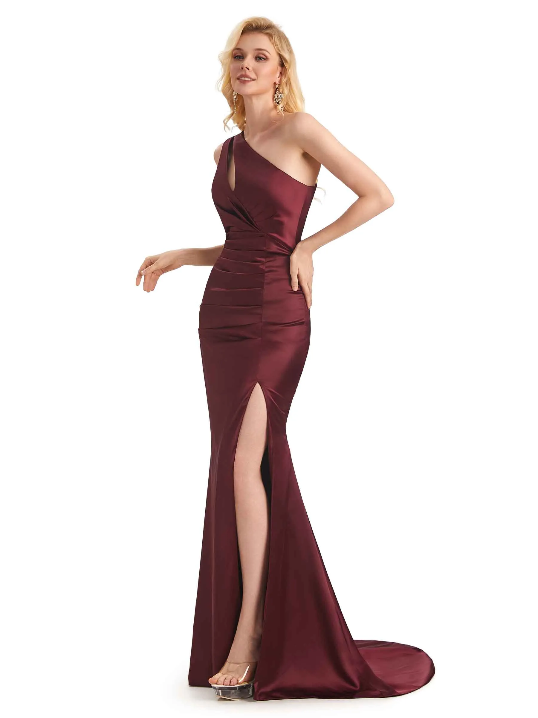 Elegant Soft Satin Side Slit Mermaid One Shoulder Long Bridesmaid Dresses Online sold by ChicSew product image thumbnail 5