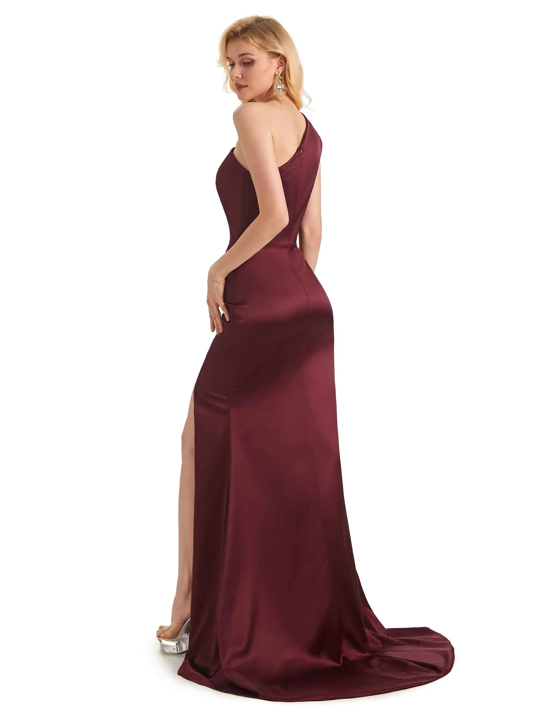 Elegant Soft Satin Side Slit Mermaid One Shoulder Long Bridesmaid Dresses Online sold by ChicSew product image thumbnail 3