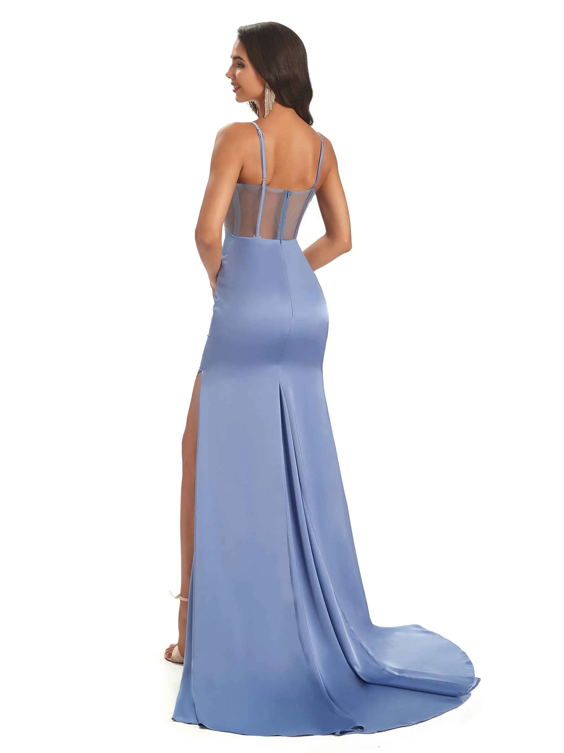 Sexy Side Slit Spaghetti Straps Satin Mermaid See Through Formal Prom Dresses Online sold by ChicSew product image thumbnail 3