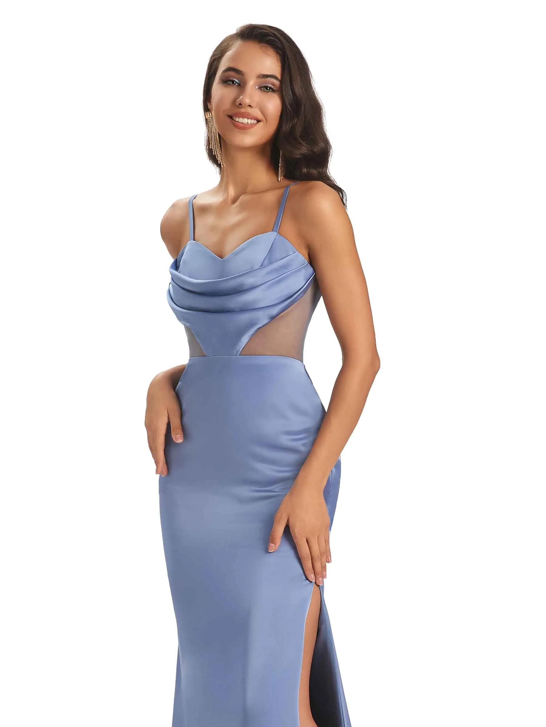 Sexy Side Slit Spaghetti Straps Satin Mermaid See Through Formal Prom Dresses Online sold by ChicSew product image thumbnail 4