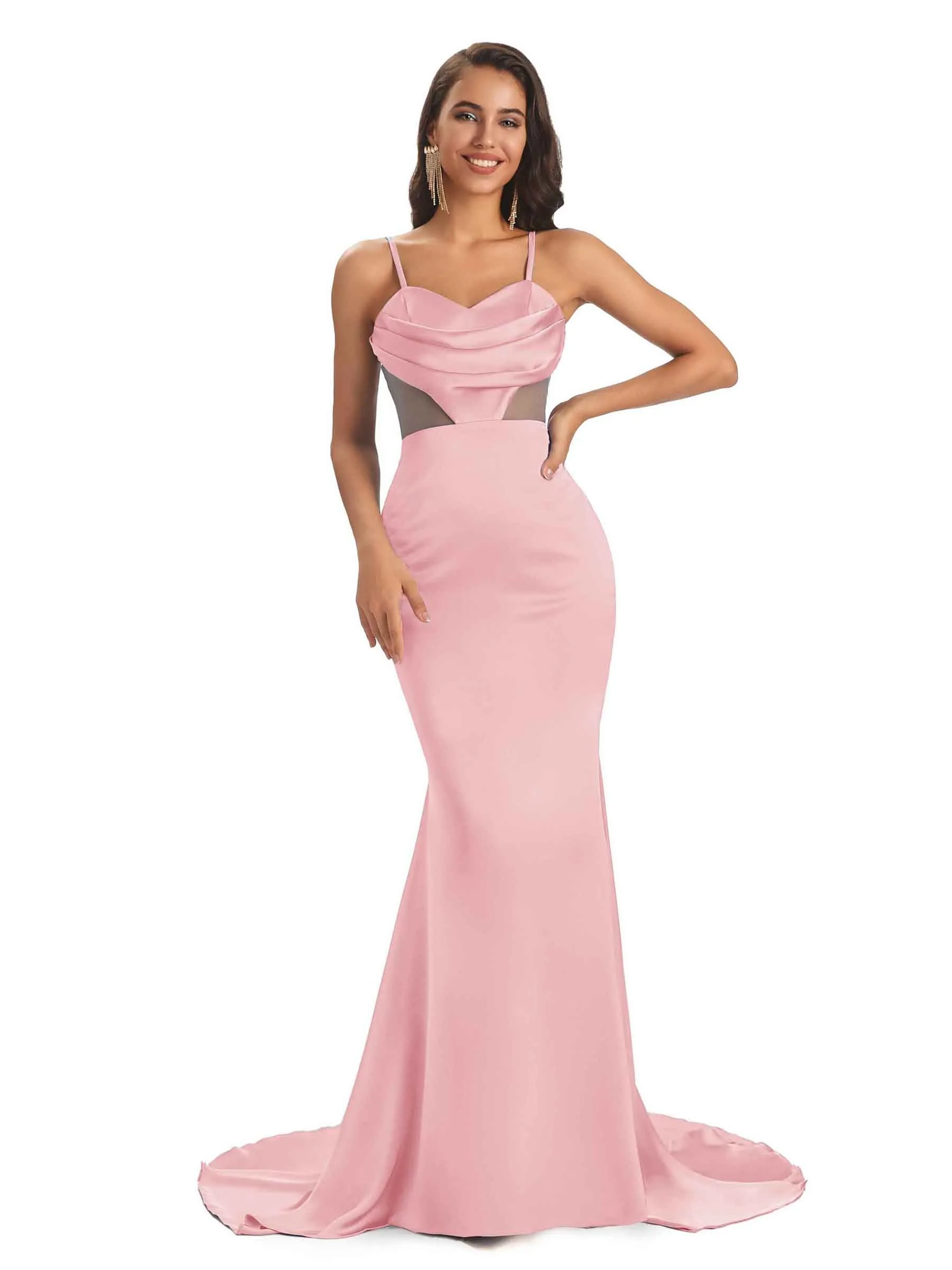 Sexy Side Slit Spaghetti Straps Satin Mermaid See Through Formal Prom Dresses Online sold by ChicSew