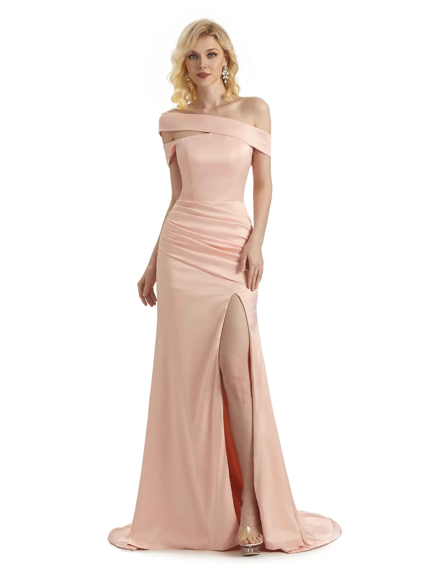 Elegant Asymmetrical Off Shoulder Soft Satin Side Slit Long Mermaid Graduation Prom Dresses sold by ChicSew