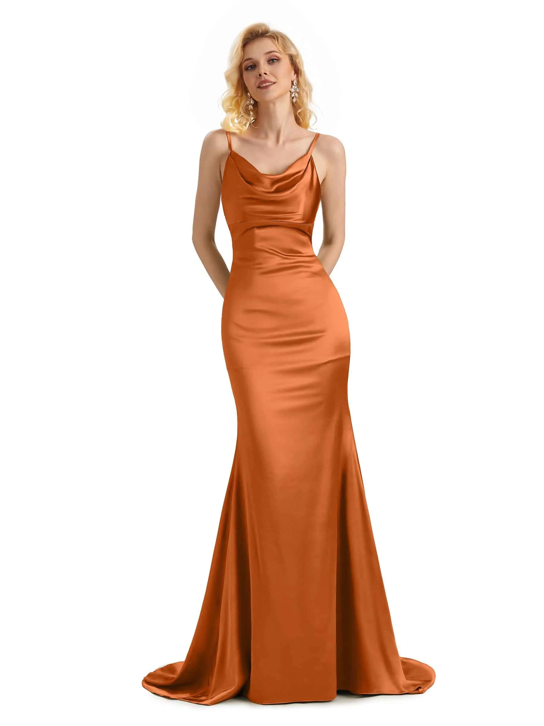 Elegant Soft Satin Cowl Neck Criss Cross Long Mermaid Evening Prom Dresses Online sold by ChicSew