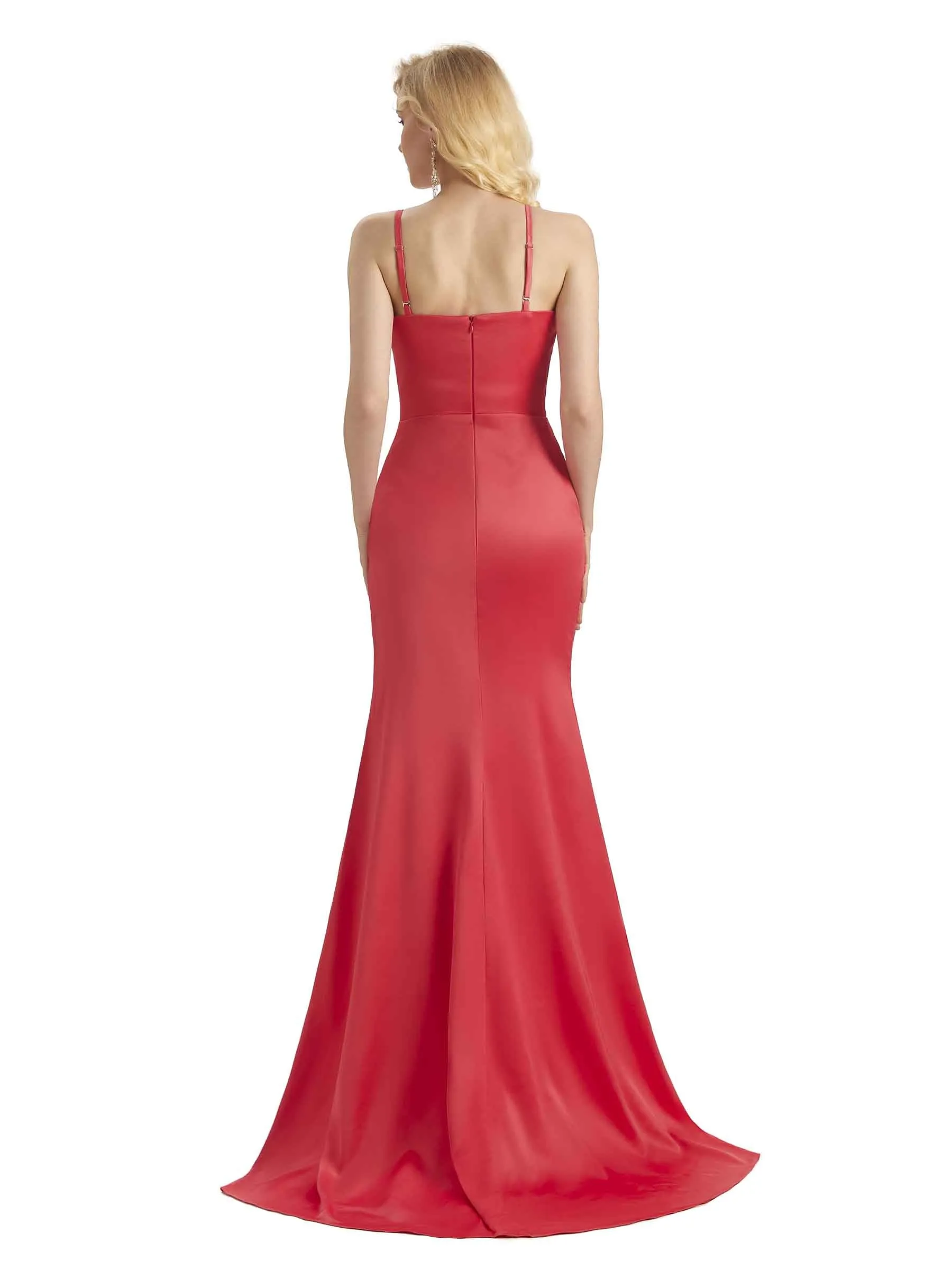 Sexy Soft Satin Side Slit Mermaid Spaghetti Straps Long Formal Prom Dresses Online sold by ChicSew product image thumbnail 3