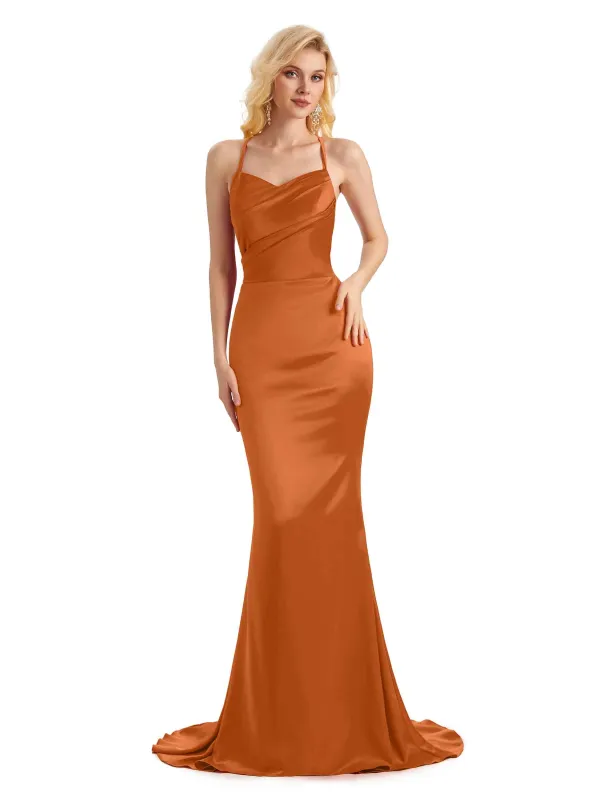 Sexy Criss Cross Mermaid Spaghetti Straps Long Satin Party Prom Dresses Online sold by ChicSew