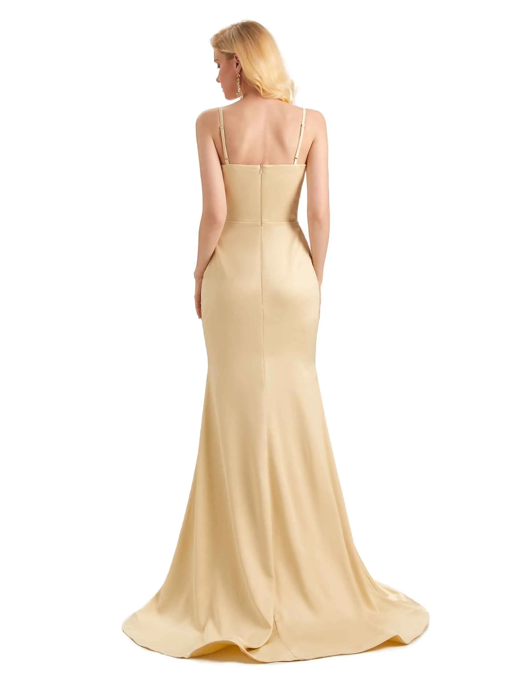 Sexy Side Slit Mermaid Spaghetti Straps Long Satin Evening Prom Dresses Online sold by ChicSew product image thumbnail 3
