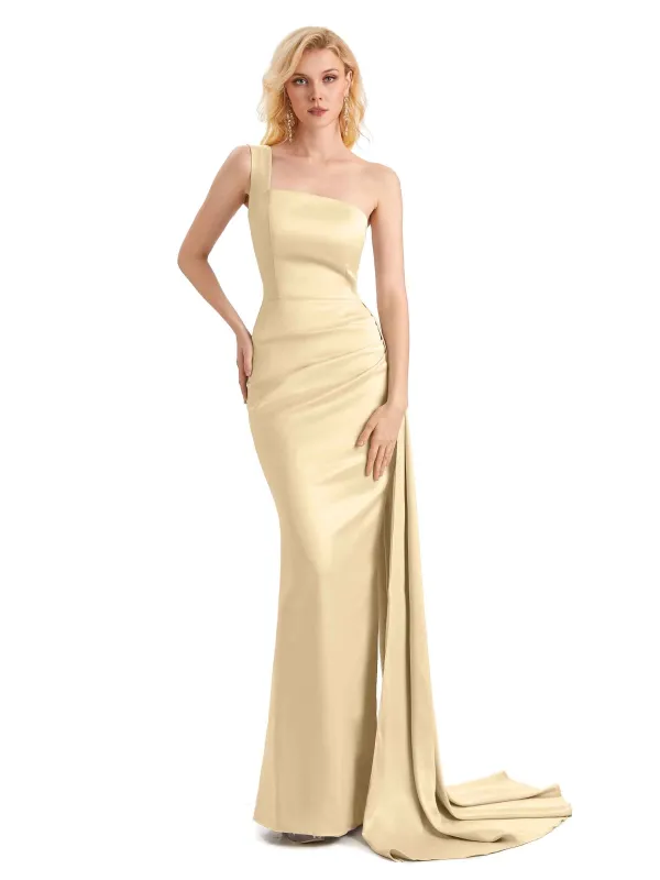 Elegant One Shoulder Soft Satin Mermaid Long Formal Prom Dresses Online sold by ChicSew