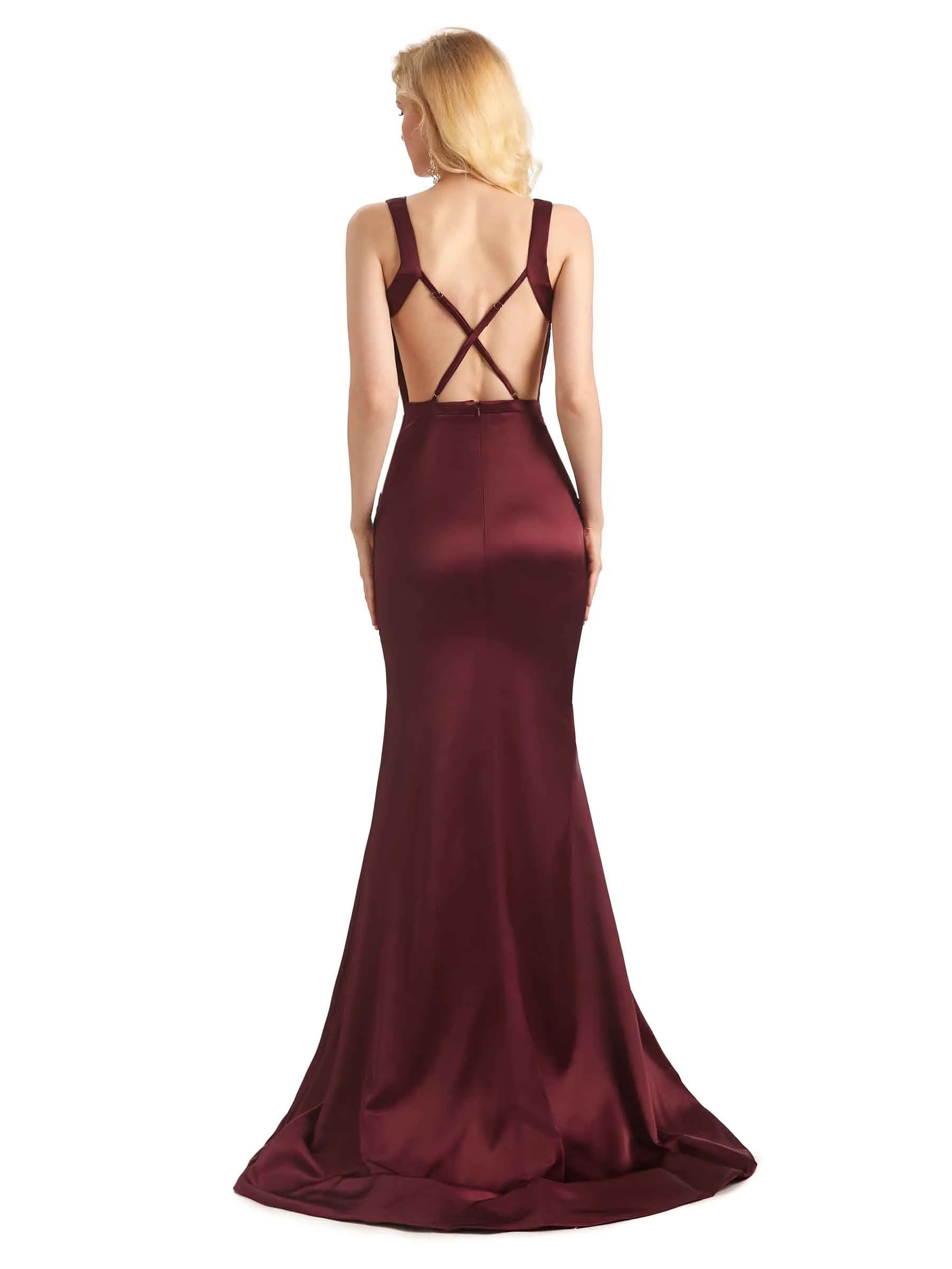 Sexy Backless Soft Satin V-Neck Floor Length Maxi Mermaid Prom Dresses Online sold by ChicSew product image thumbnail 3