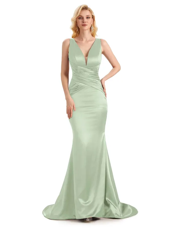 Sexy Backless Soft Satin V-Neck Floor Length Maxi Mermaid Prom Dresses Online sold by ChicSew