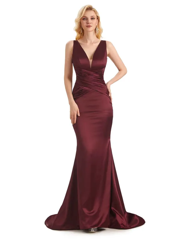 Sexy Backless Soft Satin V-Neck Floor Length Maxi Mermaid Bridesmaid Dresses Online sold by ChicSew