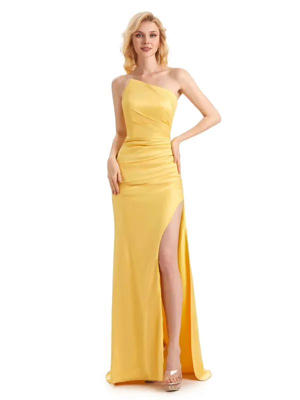 Unique Soft Satin Side Slit One Shoulder Long Mermaid Maid of Honor Dresses sold by ChicSew