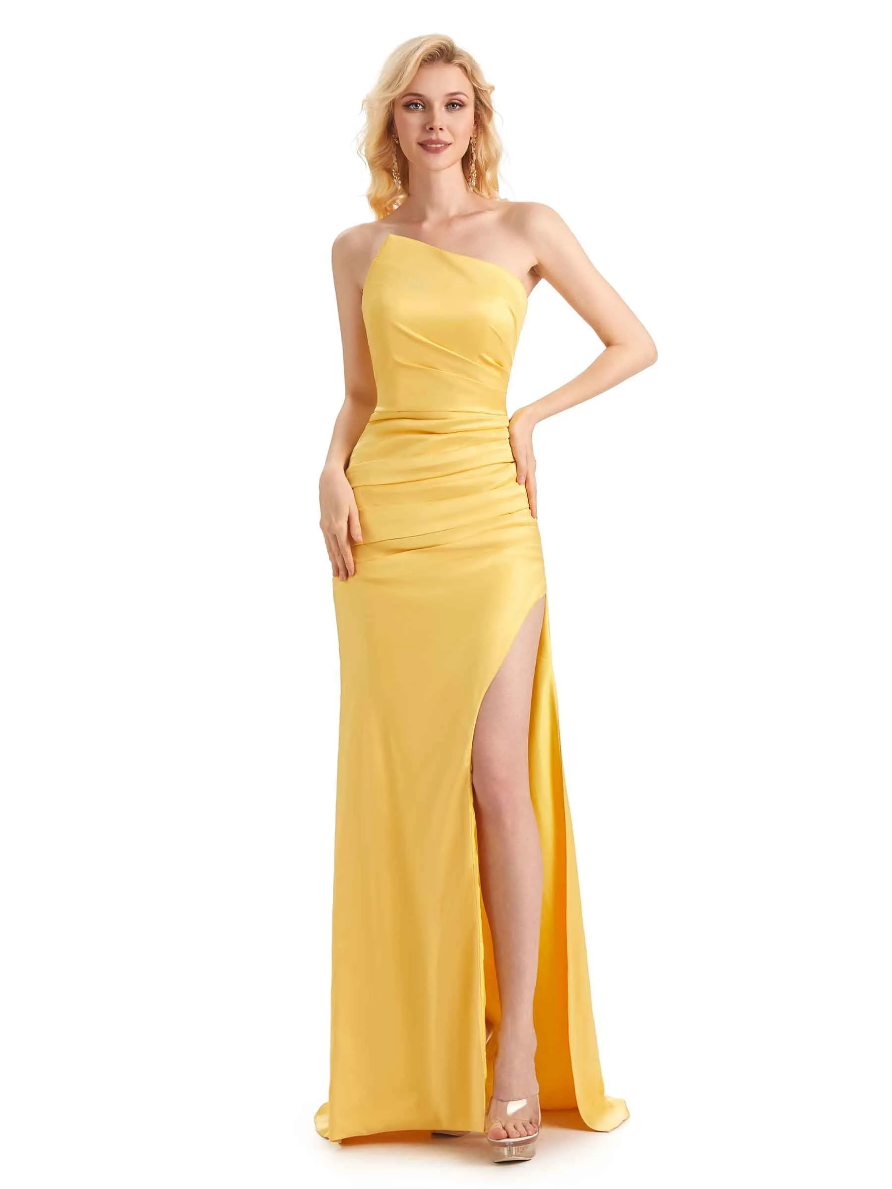Unique Soft Satin Side Slit One Shoulder Long Mermaid Maid of Honor Dresses sold by ChicSew