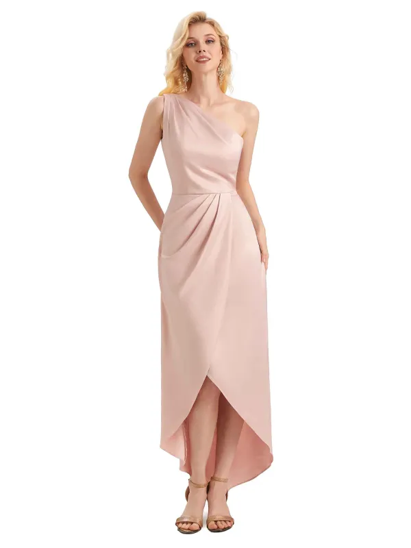 Unique Satin One Shoulder Asymmetrical High Low Midi Mermaid Bridesmaid Dresses sold by ChicSew