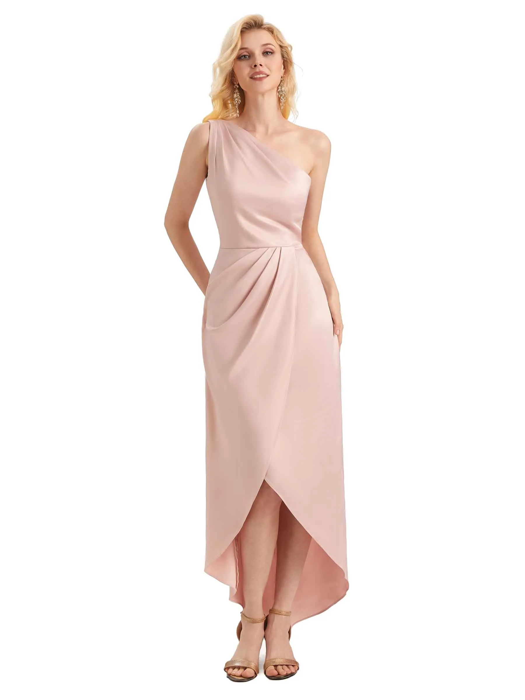 Unique Satin One Shoulder Asymmetrical High Low Midi Mermaid Bridesmaid Dresses sold by ChicSew
