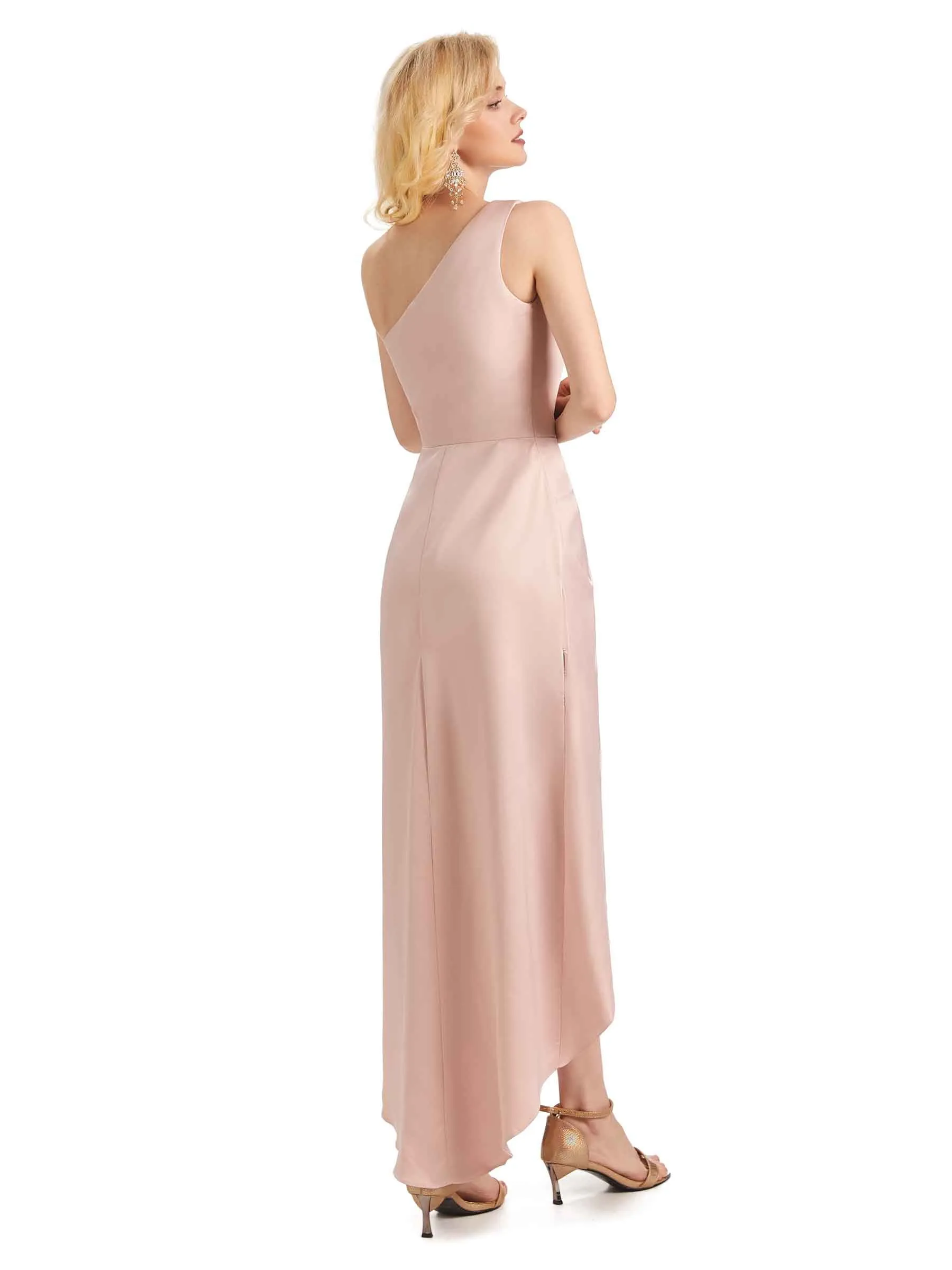 Unique Satin One Shoulder Asymmetrical High Low Midi Mermaid Bridesmaid Dresses sold by ChicSew product image thumbnail 5